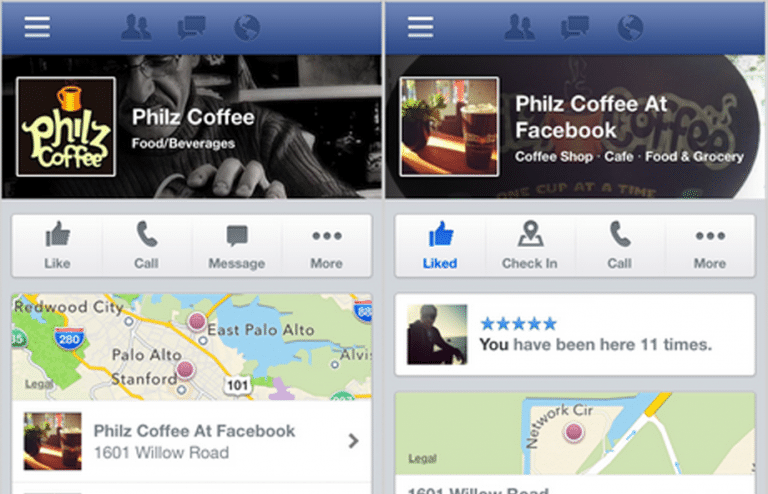 páginas de Facebook en dispositivos móviles