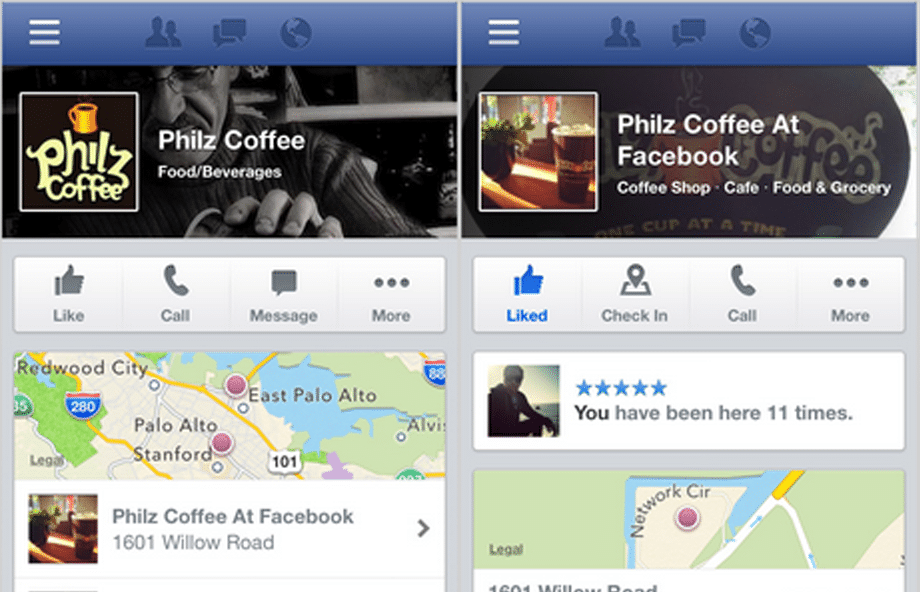 páginas de Facebook en dispositivos móviles