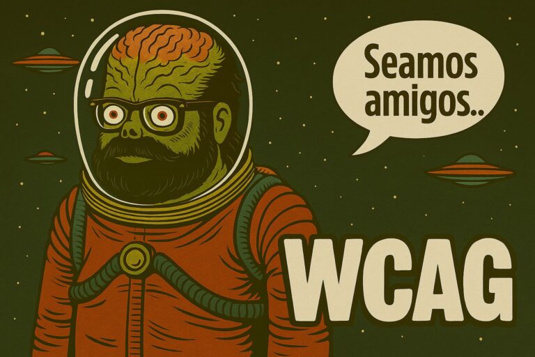 Imagen destacada para el post ¿Son suficientes las WCAG? Una mirada crítica para avanzar hacia una accesibilidad digital real, en la que se ve al autor ataviado como si fuera un alien de Mars Attack con la frase seamos amigos y el texto WCAG