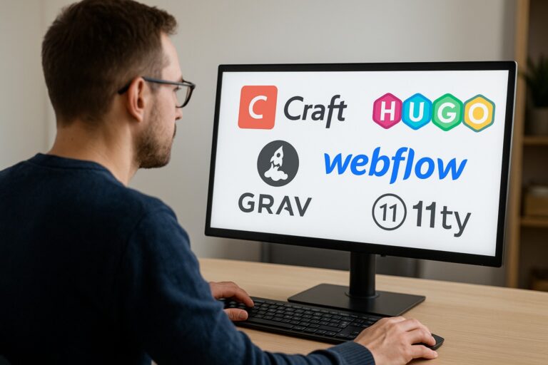 Imagen destacada para la entrada CMS accesibles alternativos a WordPress: opciones visuales y técnicas para construir una web inclusiva en la que se ve a una persona delante de una pantalla de ordenador en la que aparecen varios de los logos de los CMS mencionados