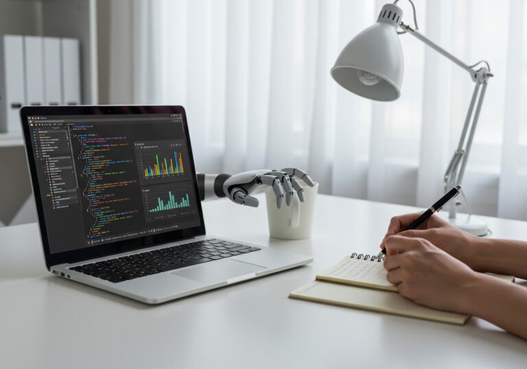 Imagen destacada para entrada Cómo combinar herramientas automáticas y pruebas manuales en accesibilidad web en la que se ve a una persona apuntando cosas en un cuaderno mirando código en una pantalla y desde detras de la pantalla sale una mano robótica que ayuda a esta persona a evaluar la accesibilidad de la página web