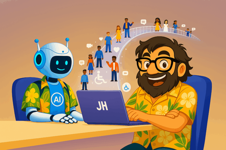 Imagen destacada para el post Cómo Usar ChatGPT para una Accesibilidad Digital que Enamora a tu Audiencia en la que aparece una caricatura mia con camisa hawaiana y un robot de IA también con camisa hawaiana ayudándome a crear contenido inclusivo