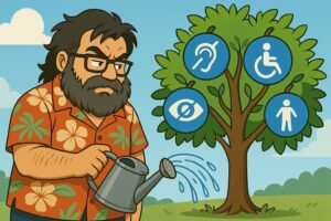 Imagen destacada para el post Entendiendo el árbol de accesibilidad en la que se me ve con camisa hawaiana regando un árbol del que salen símbolos relacionados con la accesibilidad, haciendo una broma o juego de palabras sobre el árbol de la accesibilidad y la necesidad de regarlo con asiduidad