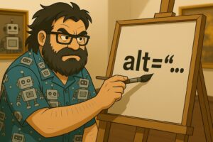 Imagen destacada para el post Guía para entrenar a tu inteligencia artificial para generar texto alternativo de calidad, en la que se ve una caricatura mía pintando en un lienzo el texto alt="..., llevando una camisa hawaiana con robots,