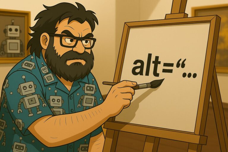 Imagen destacada para el post Guía para entrenar a tu inteligencia artificial para generar texto alternativo de calidad, en la que se ve una caricatura mía pintando en un lienzo el texto alt="..., llevando una camisa hawaiana con robots,