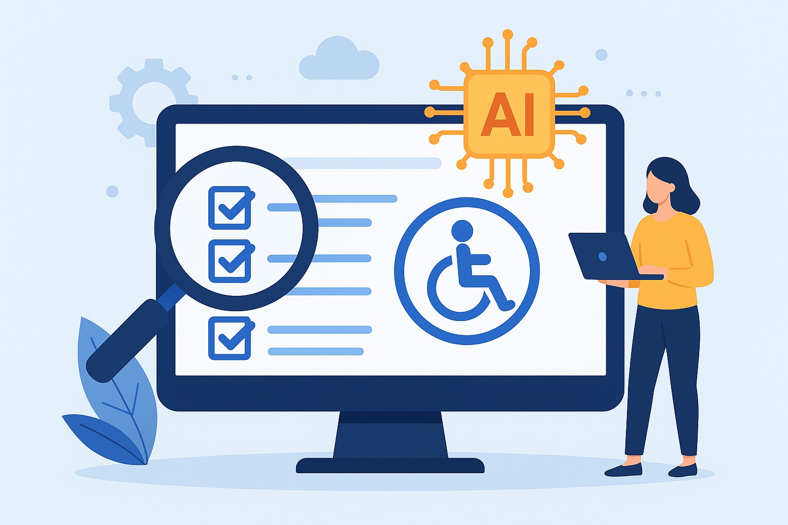 En esta imagen se representa el título de la entrada y se ve una ilustración con un checklist de accesibilidad, una mujer con un ordenador haciendo la auditoría y un sello de Inteligencia Artificial