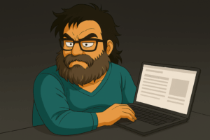 En esta imagen aparezco yo hecho caricatura con cara de enfado mientras intento diseñar una página web con inteligencia artificial