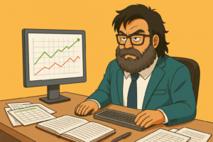 Caricatura de José Humanes haciendo que trabaja en cosas de marketing con graficos y documentos en un escritorio con porte serio y con traje para representar parte del contenido del post sobre marketing inclusivo