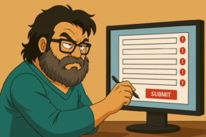 EL avatar de Jose Humanes rellenando un formulario lleno de errores, frustrado y utilizando un boligrafo en la pantalla del ordenador, imagen destacada para el post de formularios accesibles