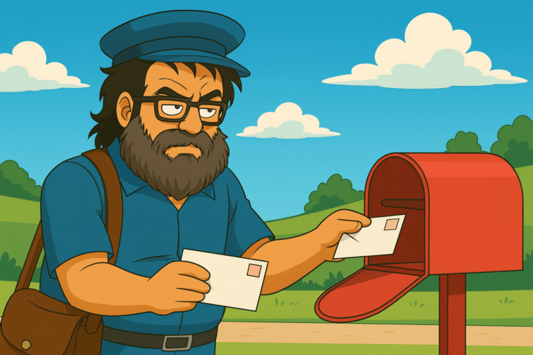 Mi personaje en formato caricatura vestido de cartero entregando cartas para representar el post sobre Email Marketing Accesible