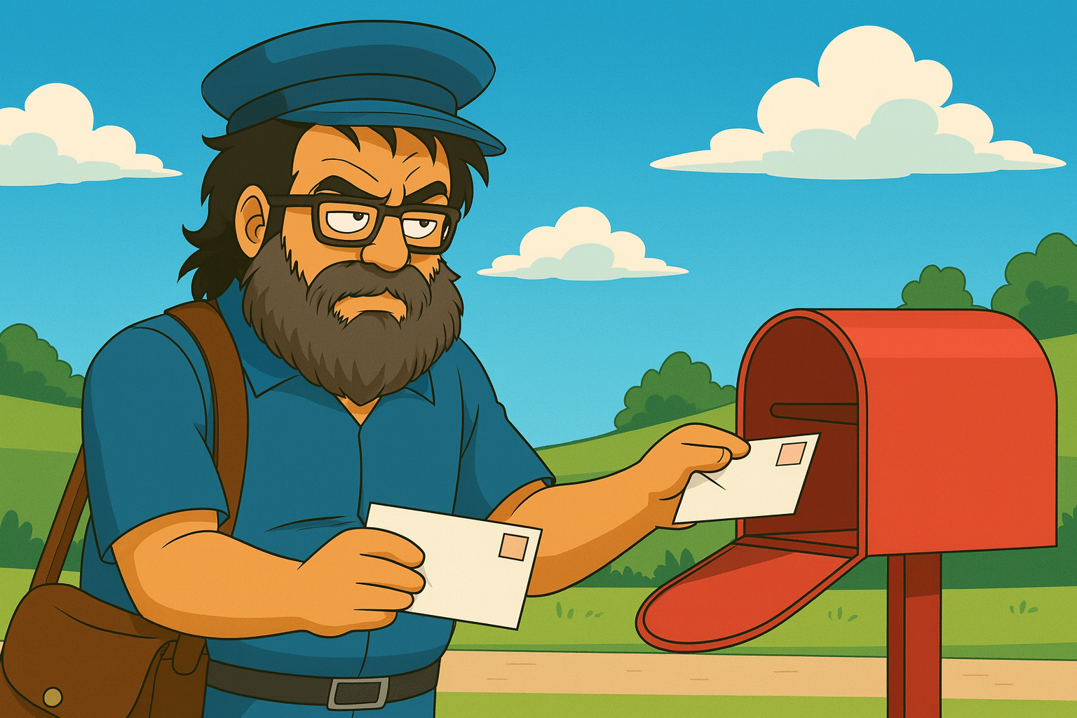 Mi personaje en formato caricatura vestido de cartero entregando cartas para representar el post sobre Email Marketing Accesible