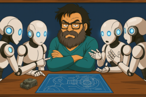 Avatar de José Humanes reunido con robots de IA, discutiendo sobre alucinaciones de la inteligencia artificial en accesibilidad digital