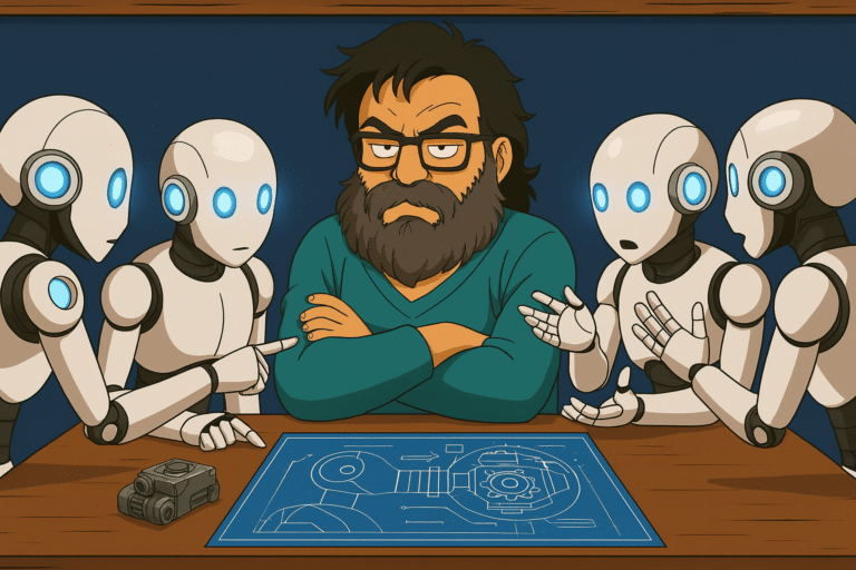 Avatar de José Humanes reunido con robots de IA, discutiendo sobre alucinaciones de la inteligencia artificial en accesibilidad digital