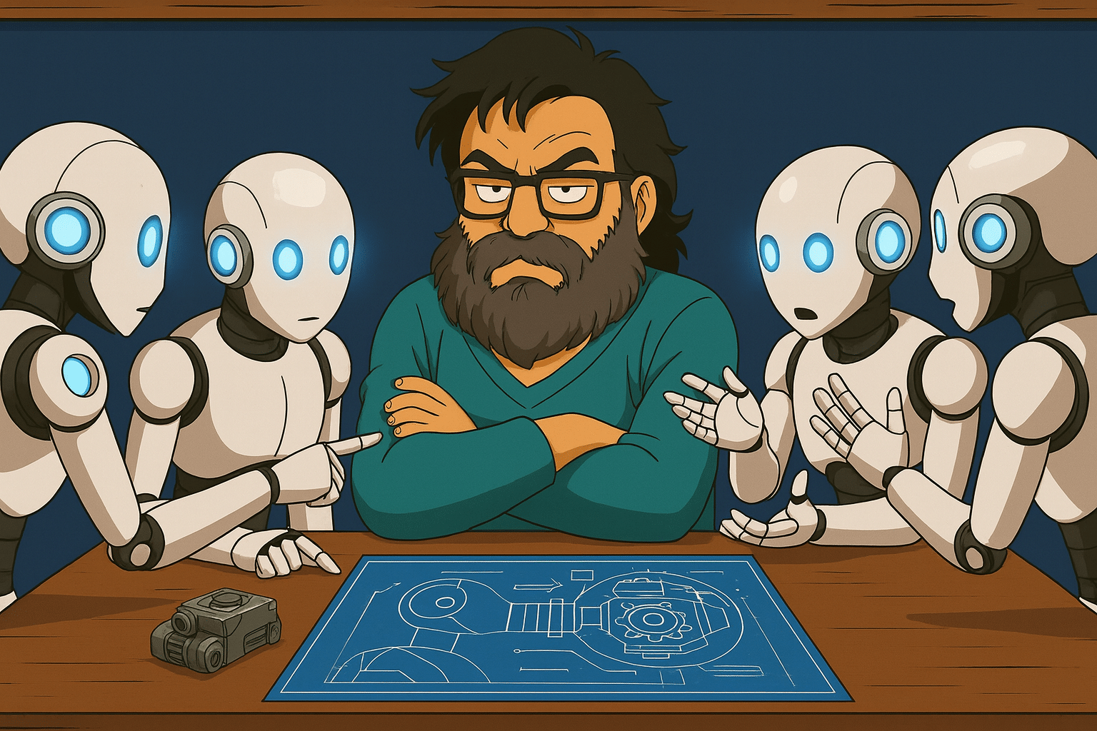 Avatar de José Humanes reunido con robots de IA, discutiendo sobre alucinaciones de la inteligencia artificial en accesibilidad digital