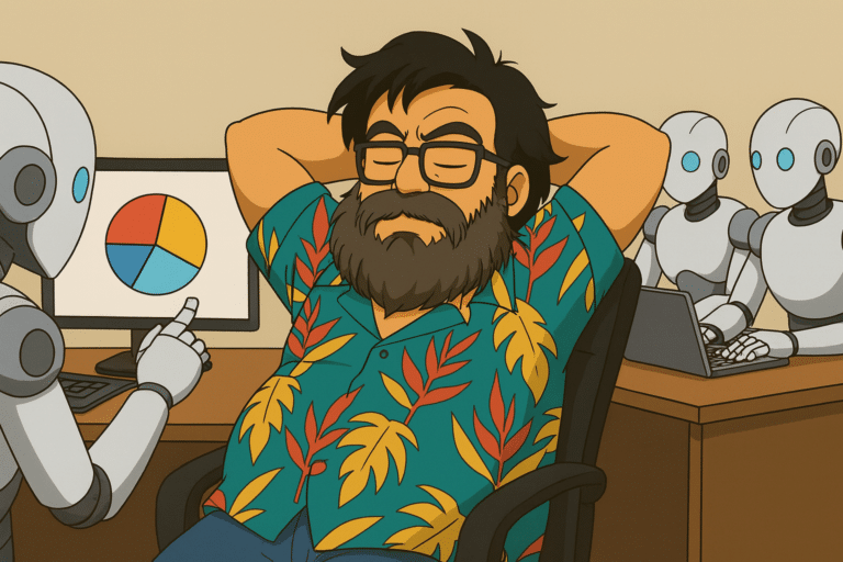 Jose Humanes recostado mientras un montón de robots trabajan por él, esta imagen representa con un tono de humor el uso de la IA en una auditoria WCAG-EM