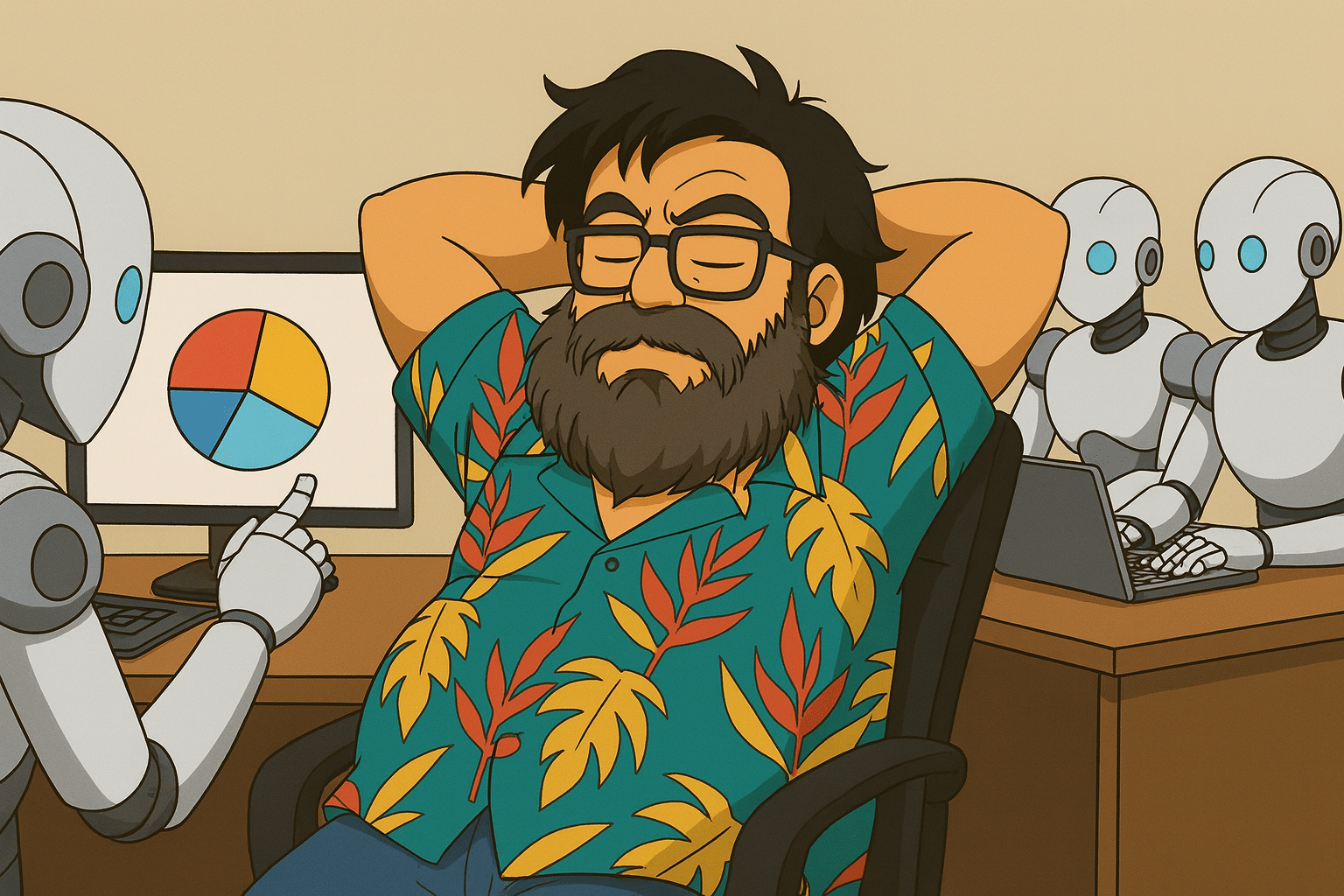 Jose Humanes recostado mientras un montón de robots trabajan por él, esta imagen representa con un tono de humor el uso de la IA en una auditoria WCAG-EM