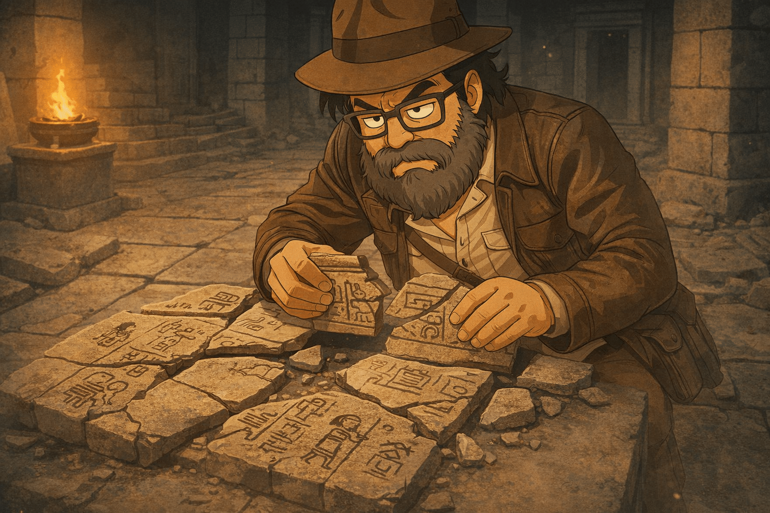 El avatar de Jose Humanes, consultor de accesibilidad arreglando el orden de lectura en PDF como si fuera un puzzle de un jeroglífico, vestido de Indiana Jones