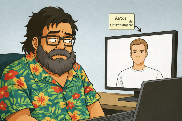 Caricatura de Jose Humanes con camisa hawaiana mirando con expresión escéptica la pantalla de un ordenador. En la pantalla, una IA ha generado la imagen de un hombre joven, blanco y sin ninguna característica distintiva. Un post-it señala la pantalla con el texto "datos de entrenamiento". La imagen ilustra el concepto de sesgo algorítmico en la inteligencia artificial.