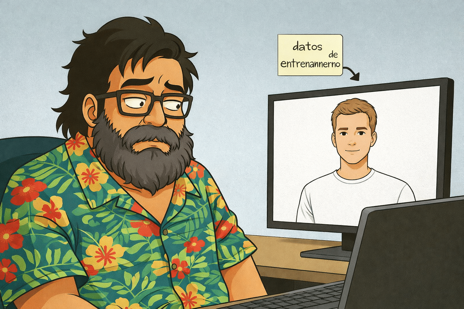 Caricatura de Jose Humanes con camisa hawaiana mirando con expresión escéptica la pantalla de un ordenador. En la pantalla, una IA ha generado la imagen de un hombre joven, blanco y sin ninguna característica distintiva. Un post-it señala la pantalla con el texto "datos de entrenamiento". La imagen ilustra el concepto de sesgo algorítmico en la inteligencia artificial.