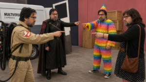 Cuatro versiones de Jose Humanes, caracterizado con disfraces distintos, se señalan entre sí en una escena que parodia el meme de Spider-Man y alude a un multiverso del GAAD 2026