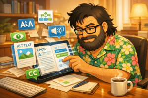 Ilustración sobre accesibilidad en EPUB con el avatar de Jose Humanes revisando un ebook en pantalla, acompañado de iconos de texto alternativo, subtítulos, estructura y lectura accesible.