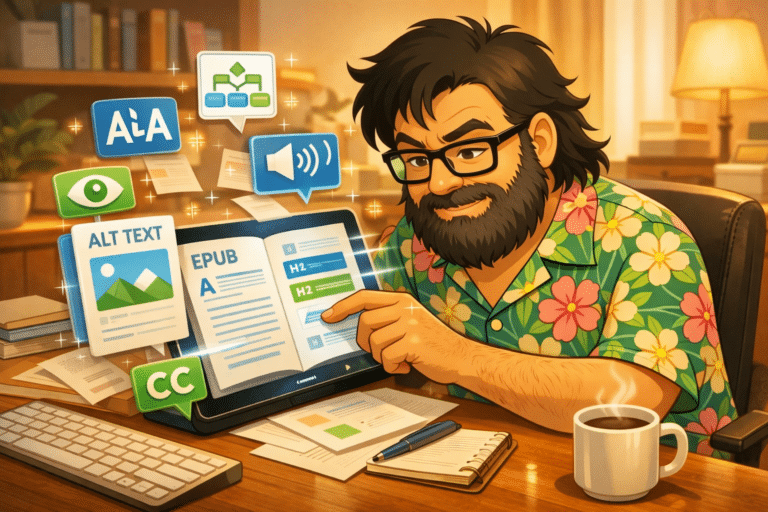 Ilustración sobre accesibilidad en EPUB con el avatar de Jose Humanes revisando un ebook en pantalla, acompañado de iconos de texto alternativo, subtítulos, estructura y lectura accesible.