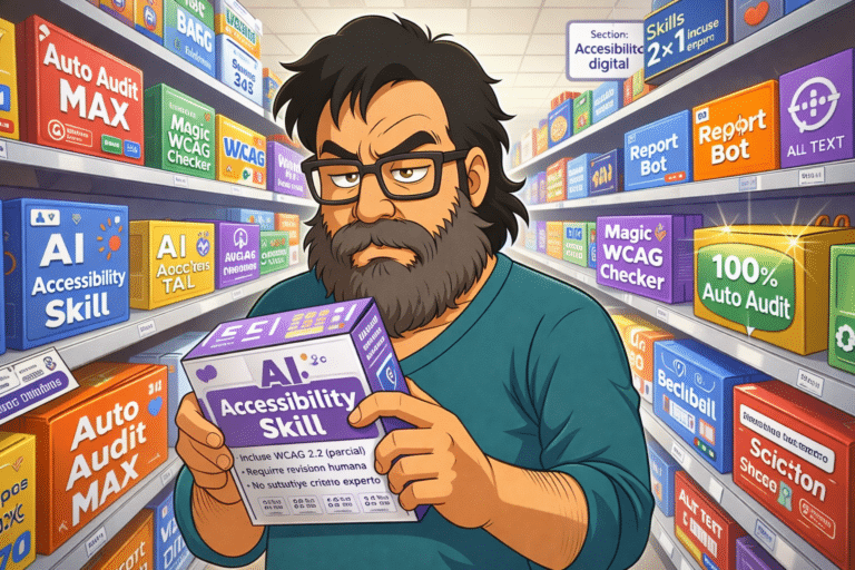 Ilustración tipo caricatura de un consultor de accesibilidad en un pasillo de supermercado de “skills de IA en accesibilidad”: sostiene una caja llamada “AI Accessibility Skill” y lee con gesto crítico su etiqueta, rodeado de otras cajas con mensajes como “Magic WCAG Checker”, “Report Bot” o “100% Auto Audit” en la sección “Accesibilidad digital”
