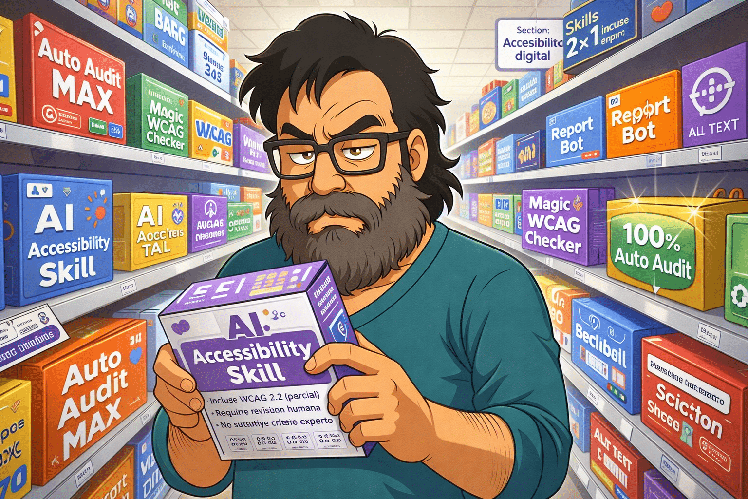 Ilustración tipo caricatura de un consultor de accesibilidad en un pasillo de supermercado de “skills de IA en accesibilidad”: sostiene una caja llamada “AI Accessibility Skill” y lee con gesto crítico su etiqueta, rodeado de otras cajas con mensajes como “Magic WCAG Checker”, “Report Bot” o “100% Auto Audit” en la sección “Accesibilidad digital”