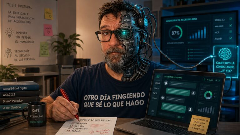 Ilustración semirrealista de un consultor de accesibilidad transformado en “borg”: mitad del rostro humano revisando con bolígrafo rojo un informe de accesibilidad en un portátil, y mitad con implantes cibernéticos conectados a la pantalla, donde se ve un asistente de IA generando un reporte con referencias a WCAG, axe-core y MCP.