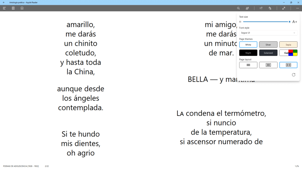 Accesibilidad en EPUB Vista de un poema en un EPUB abierto en Aquile Reader, con el texto refluido y ampliado para adaptarse a la pantalla, mientras se muestra el panel de opciones de tamaño de fuente, tema y diseño.