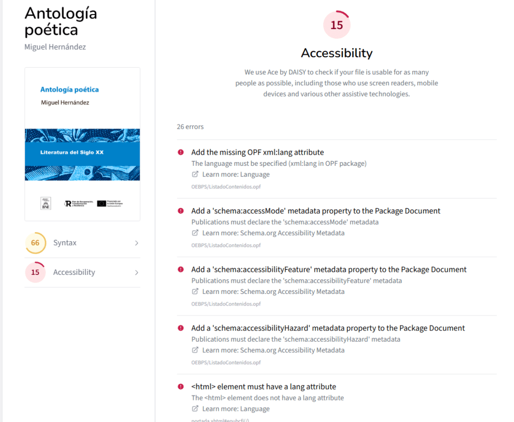 Pantalla de informe de accesibilidad de un EPUB en Epub Validator con el panel “Accessibility” abierto, mostrando varios errores como la falta de idioma y de metadatos de accesibilidad en el archivo OPF.