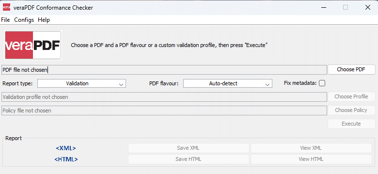 Interfaz limpia de VeraPDF (GUI) configurada para validar bajo el estándar estricto de accesibilidad PDF/UA-1