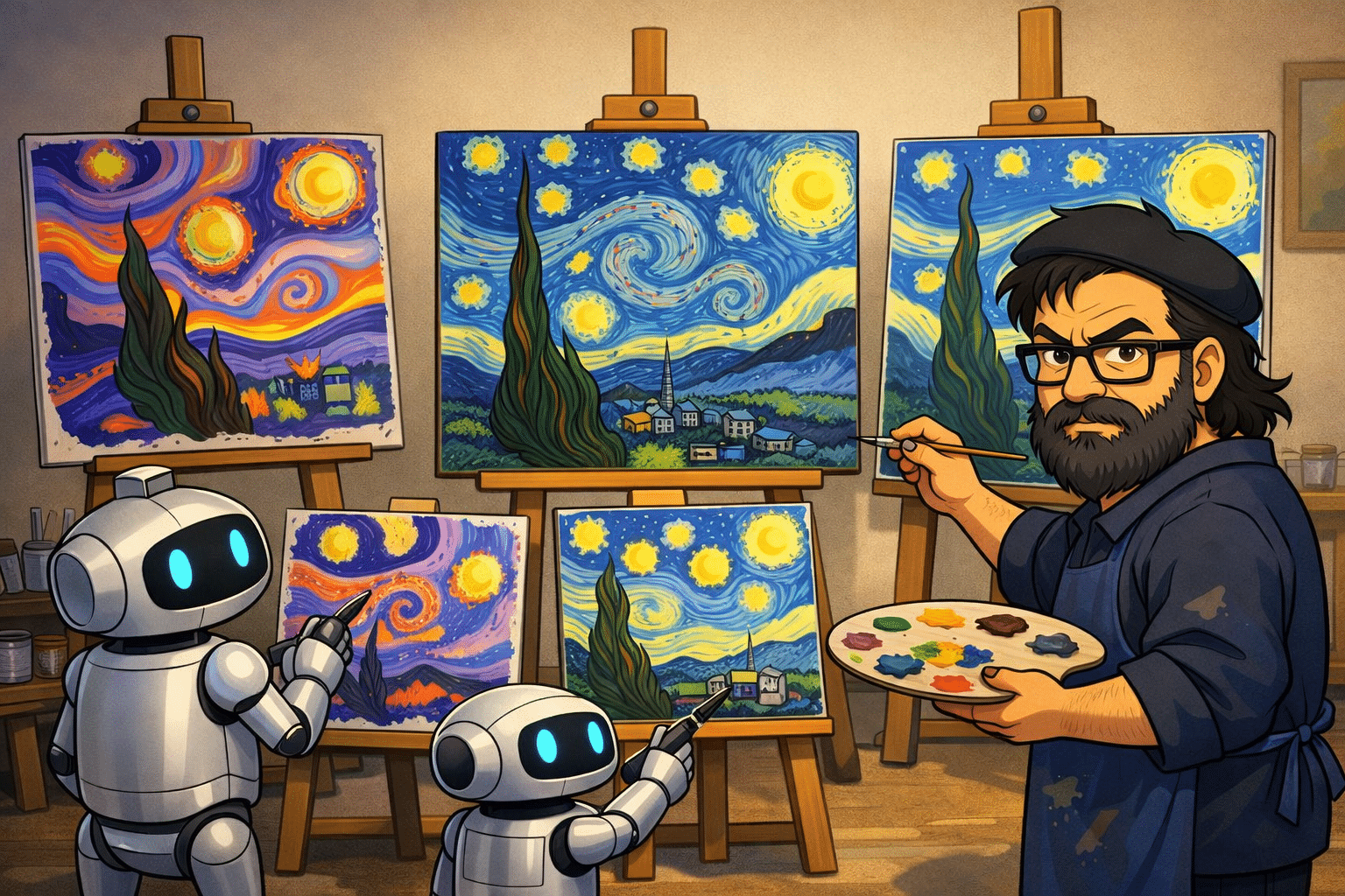 Caricatura de Jose Humanes, autor, pintando un cuadro fiel mientras dos robots de IA crean versiones deformadas, ilustrando contenido accesible con IA.