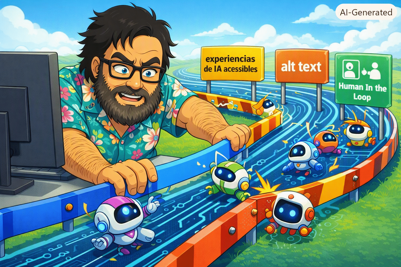 Mi caricatura jugando con las funciones de la inteligencia artificial para crear Experiencias de IA accesibles