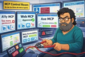 Ilustración tipo caricatura de un consultor de accesibilidad en una “MCP Control Room”, rodeado de pantallas que muestran distintos servidores MCP en accesibilidad digital (“A11y MCP”, “Web MCP”, “Axe MCP”, “Web Accessibility MCP”) con mensajes como “Too many permissions”, “Approved”, “Permisos mínimos” y “Shadow MCP detected”, mientras sostiene un cortacables rojo para controlar qué conexiones se activan y cuáles se cortan.