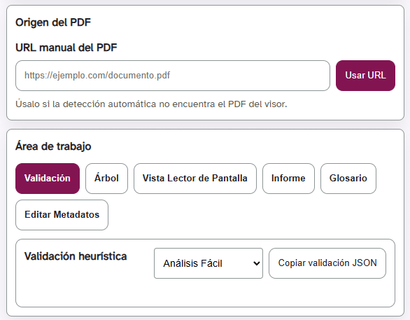Interfaz de herramienta de trabajo en PDF
