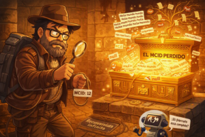 Caricatura de un aventurero buscando el MCID perdido dentro de un arca rodeada de etiquetas anidadas en PDF, símbolos null y texto duplicado.